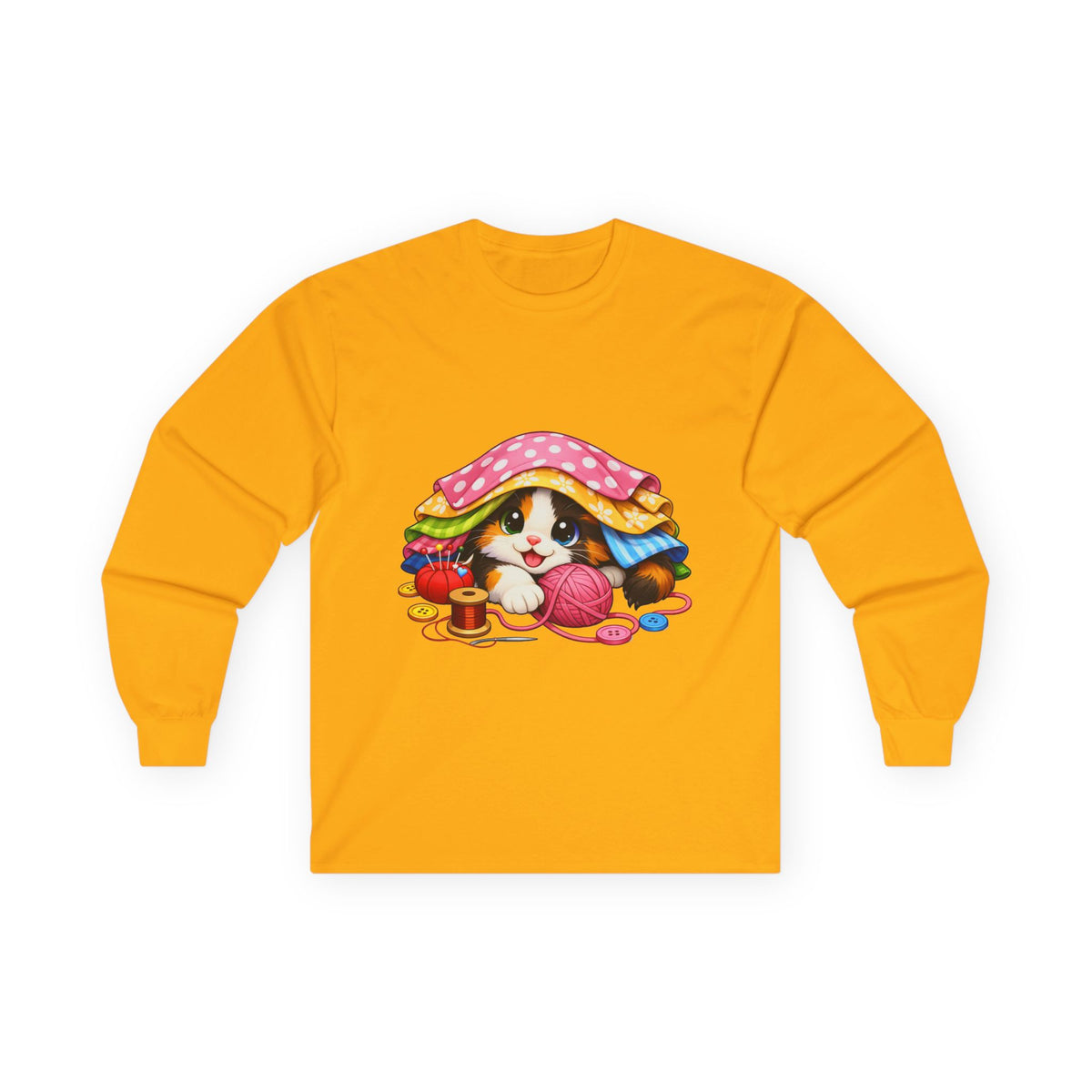 Calico Kitty Hiding in Fabric -  Long Sleeve Tee