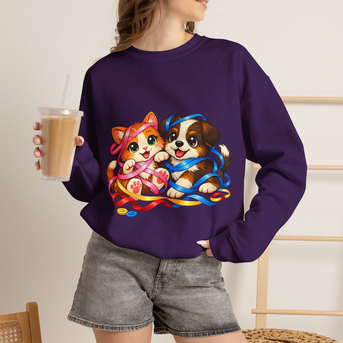 Kitty and Puppy playing with Ribbon - Sweatshirt