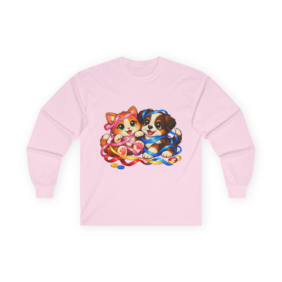 Kitty and Puppy Playing with Ribbon - Long Sleeve Tee