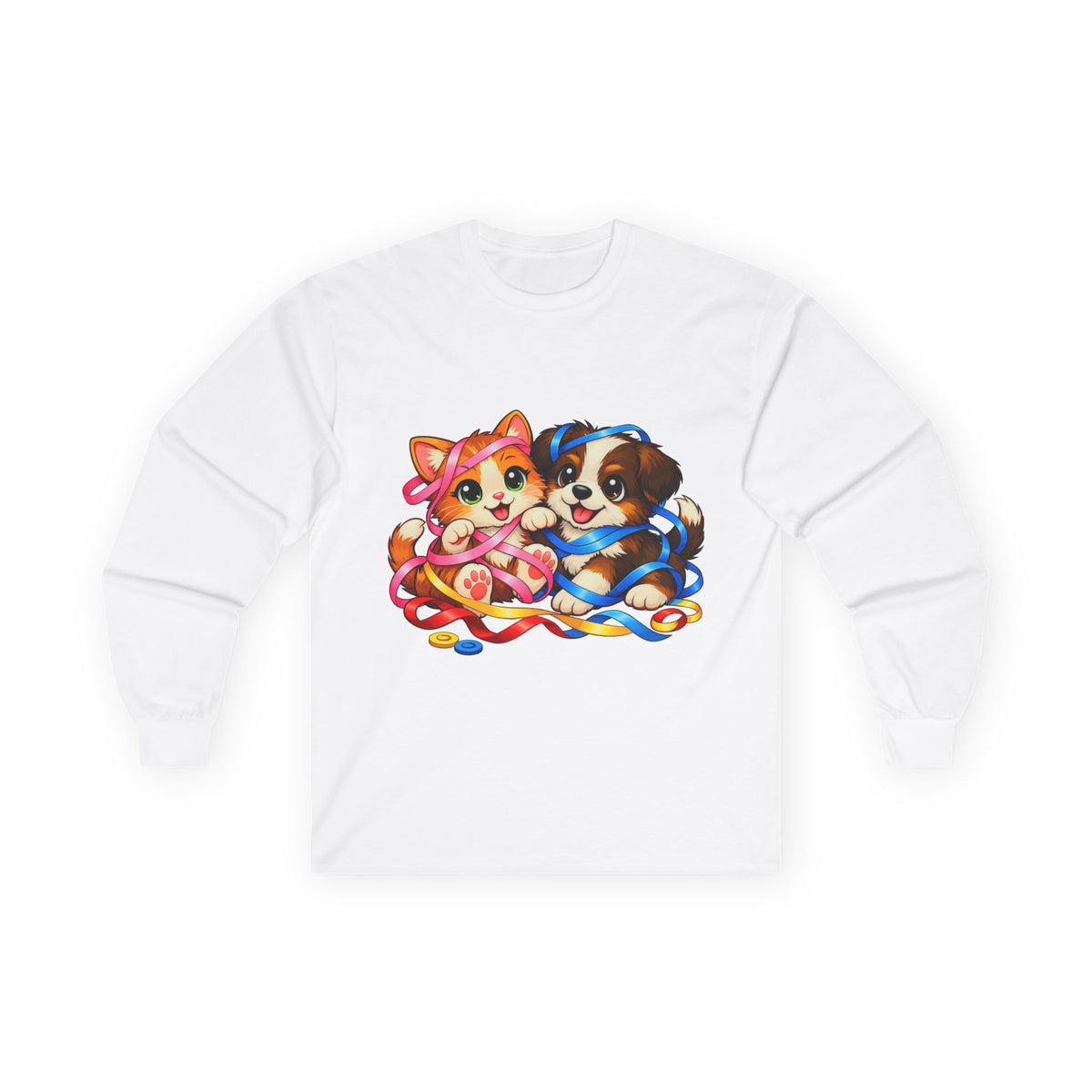 Kitty and Puppy Playing with Ribbon - Long Sleeve Tee