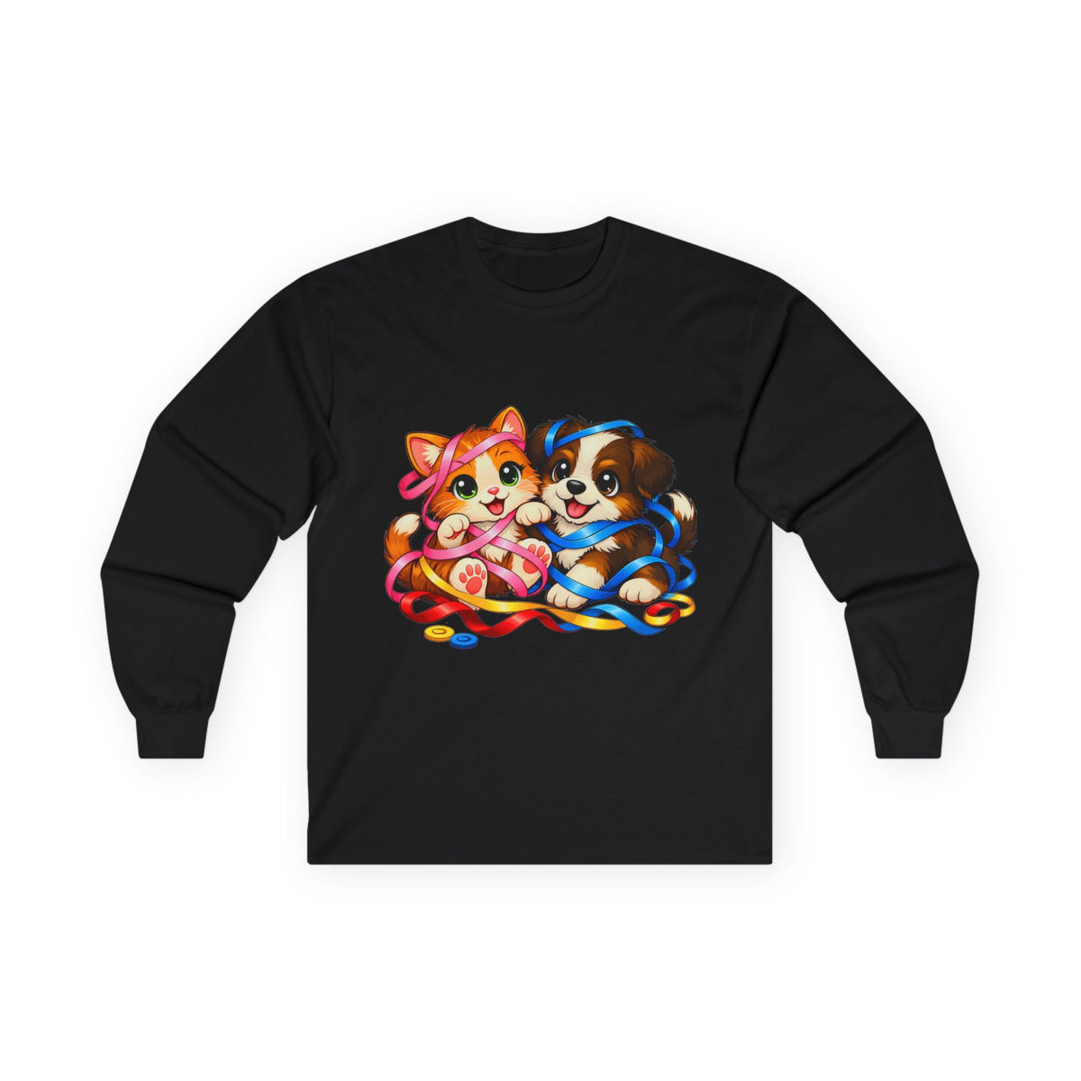 Kitty and Puppy Playing with Ribbon - Long Sleeve Tee