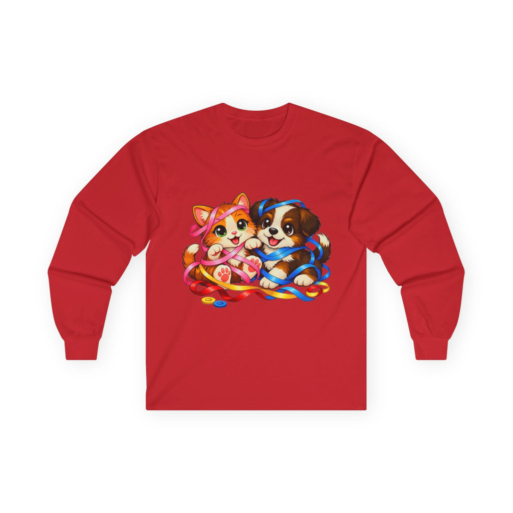 Kitty and Puppy Playing with Ribbon - Long Sleeve Tee