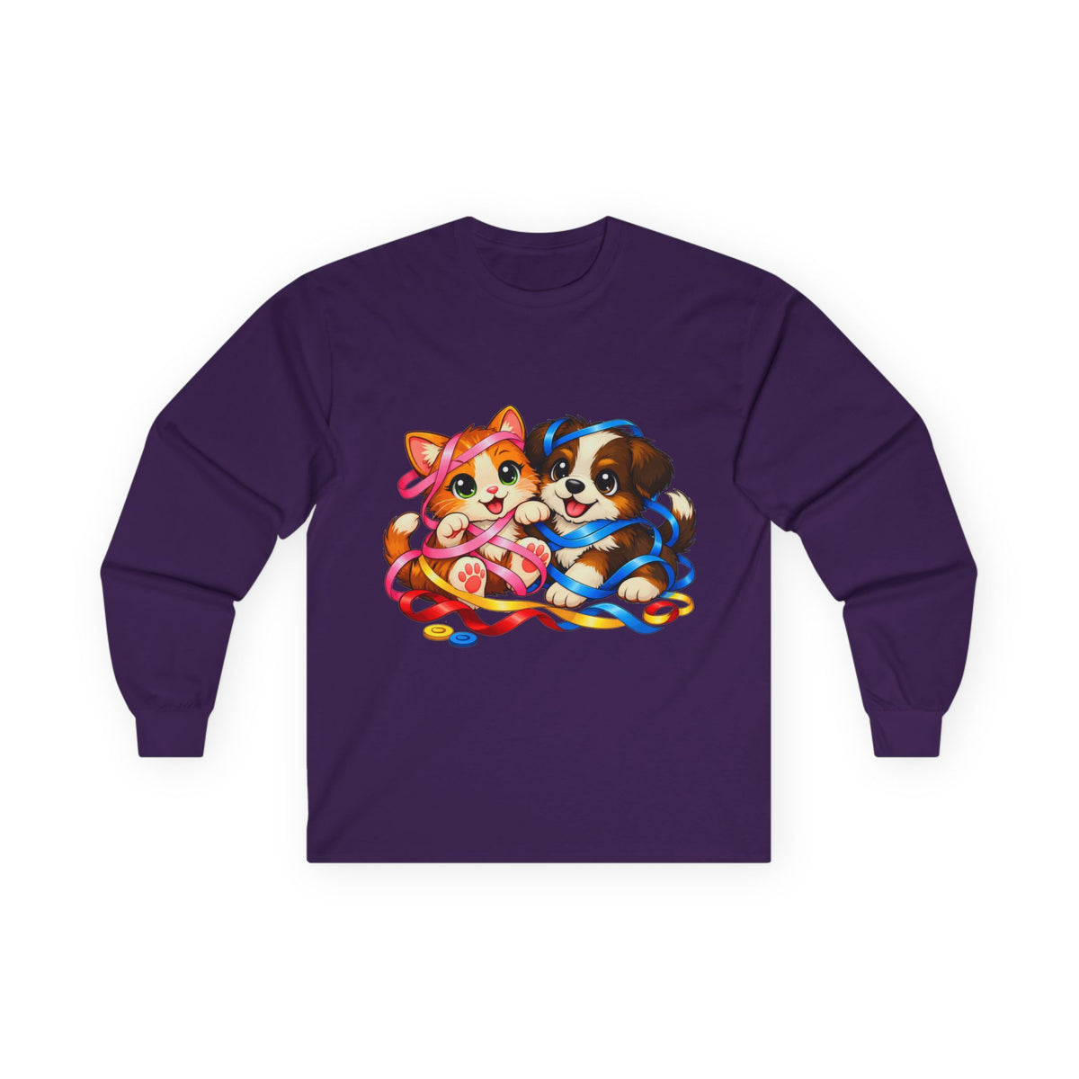 Kitty and Puppy Playing with Ribbon - Long Sleeve Tee