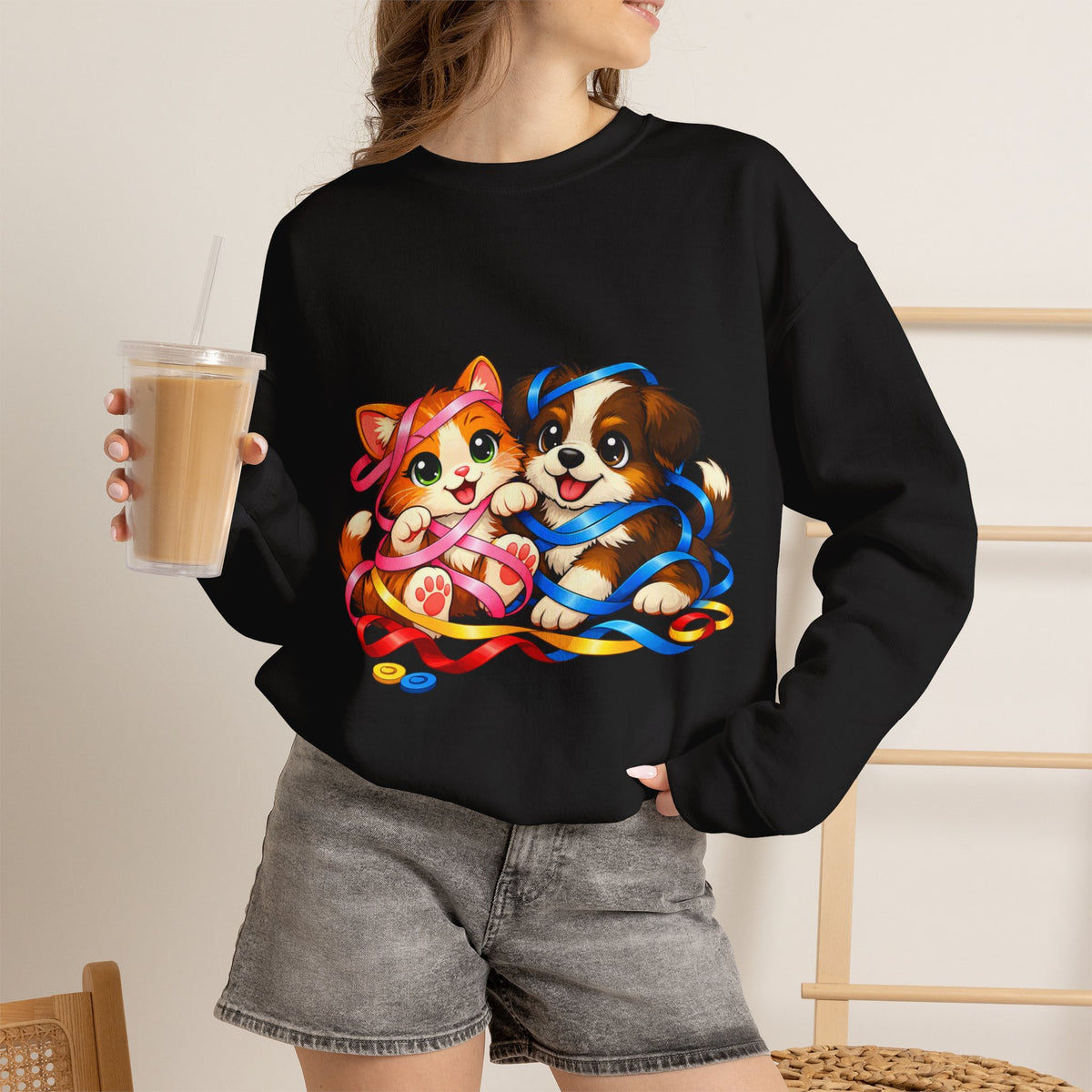 Kitty and Puppy playing with Ribbon - Sweatshirt