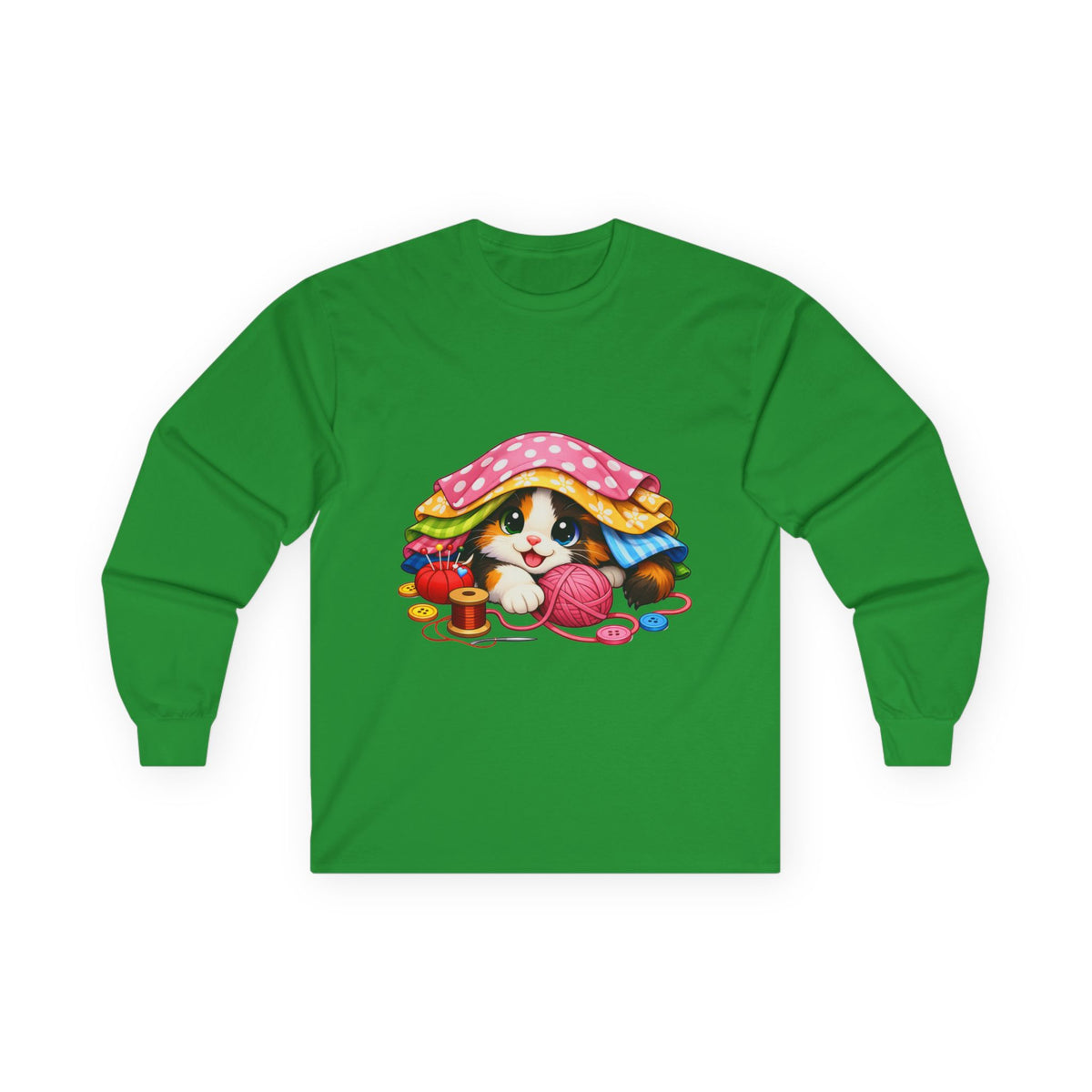 Calico Kitty Hiding in Fabric -  Long Sleeve Tee