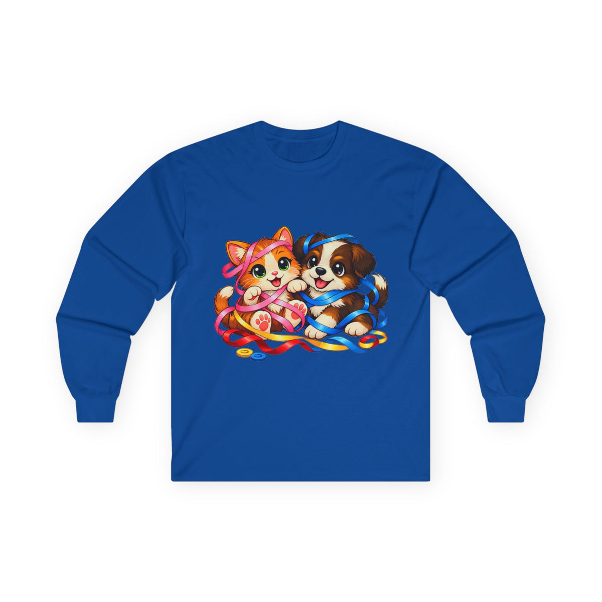 Kitty and Puppy Playing with Ribbon - Long Sleeve Tee