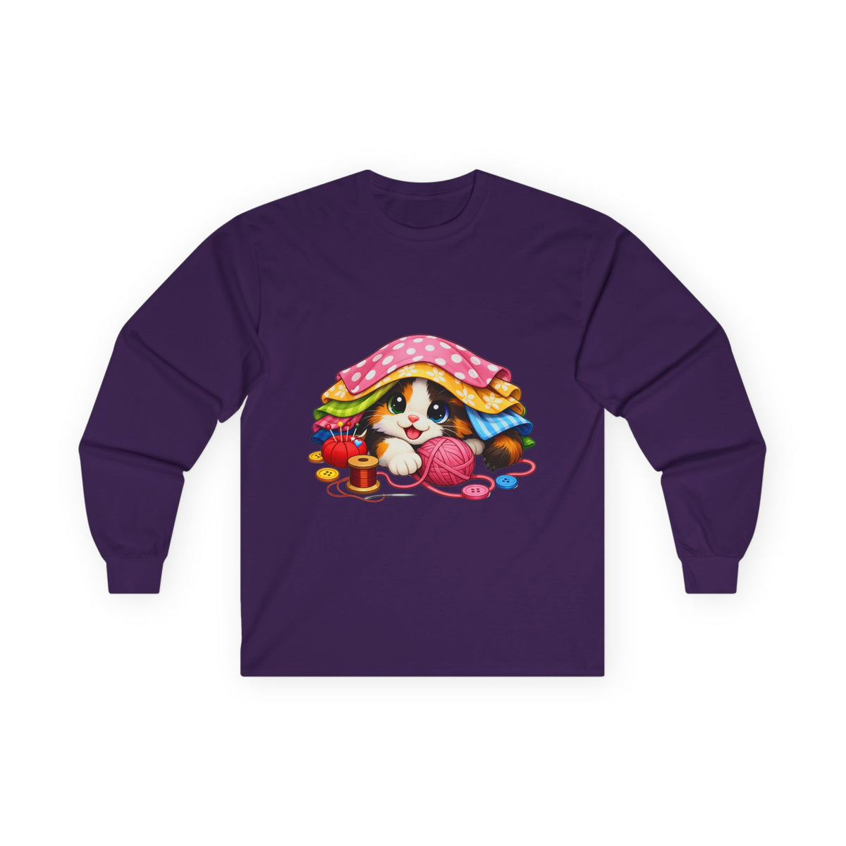 Calico Kitty Hiding in Fabric -  Long Sleeve Tee