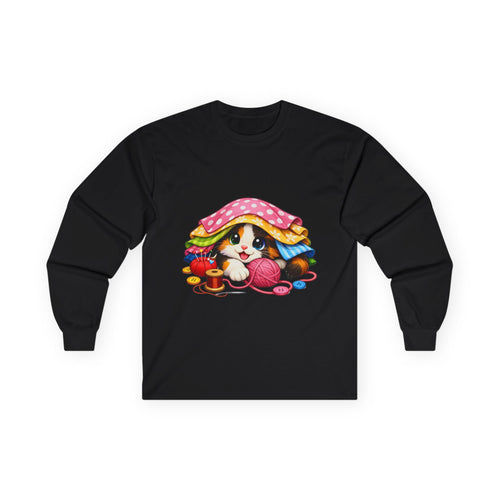 Calico Kitty Hiding in Fabric -  Long Sleeve Tee