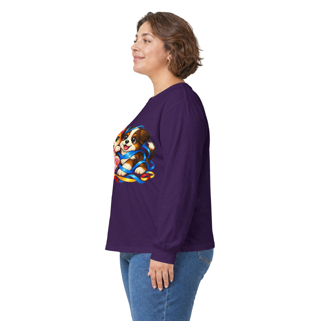 Kitty and Puppy Playing with Ribbon - Long Sleeve Tee