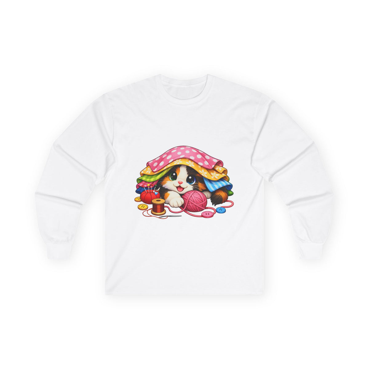 Calico Kitty Hiding in Fabric -  Long Sleeve Tee