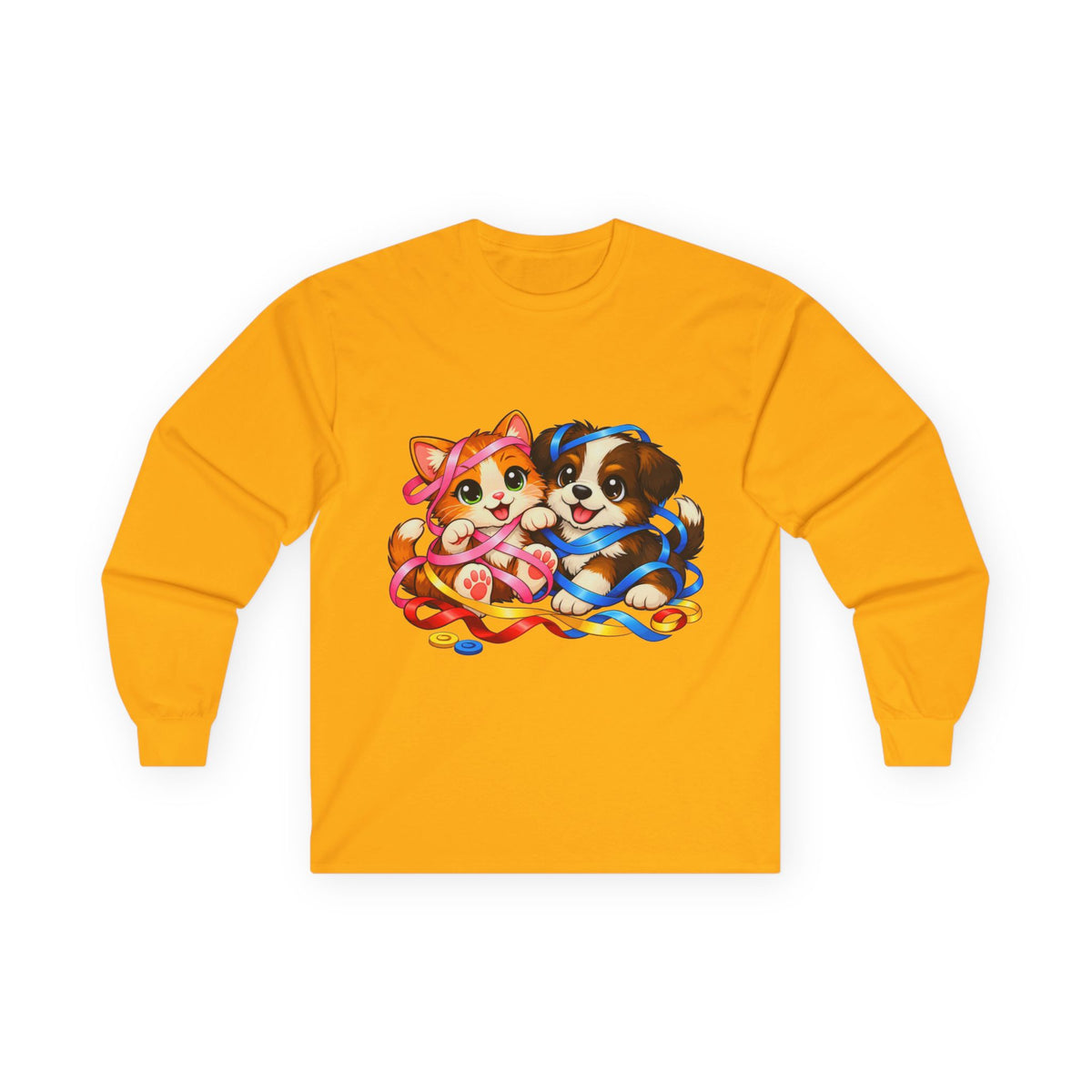 Kitty and Puppy Playing with Ribbon - Long Sleeve Tee