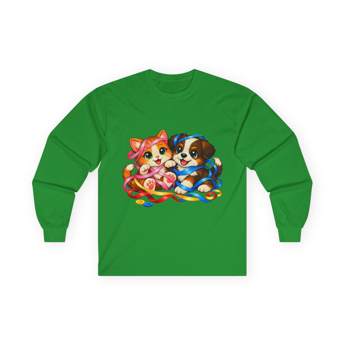 Kitty and Puppy Playing with Ribbon - Long Sleeve Tee